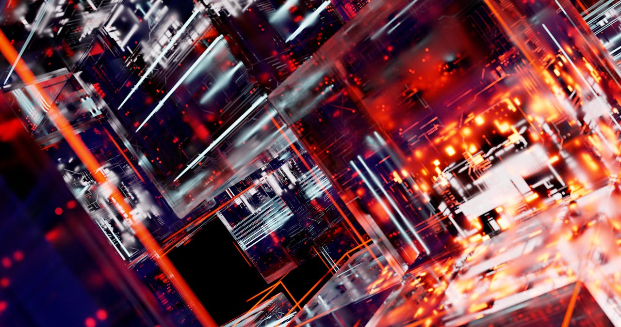 heros-img Abstract futuristic cyber landscape with digital matrix and glowing lights.